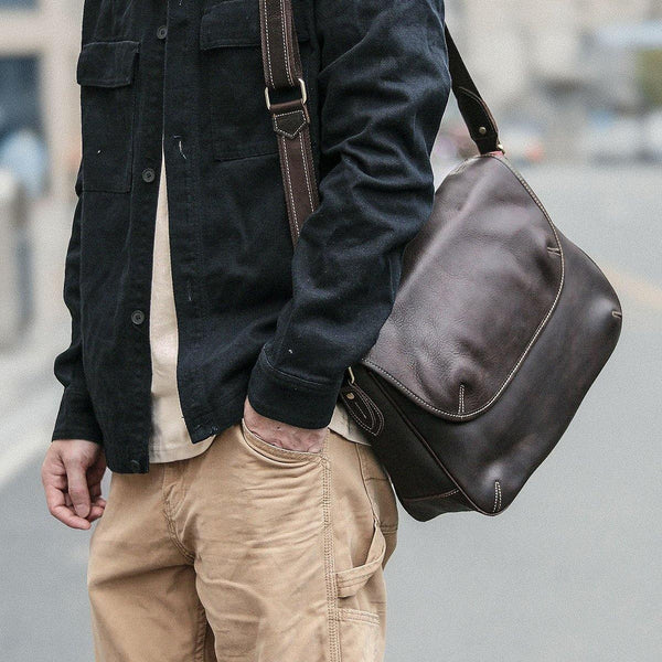 Black Leather Mens Casual 10'' Courier Bags Messenger Bags Dark Coffee Gray Postman Bag For Men - iwalletsmen