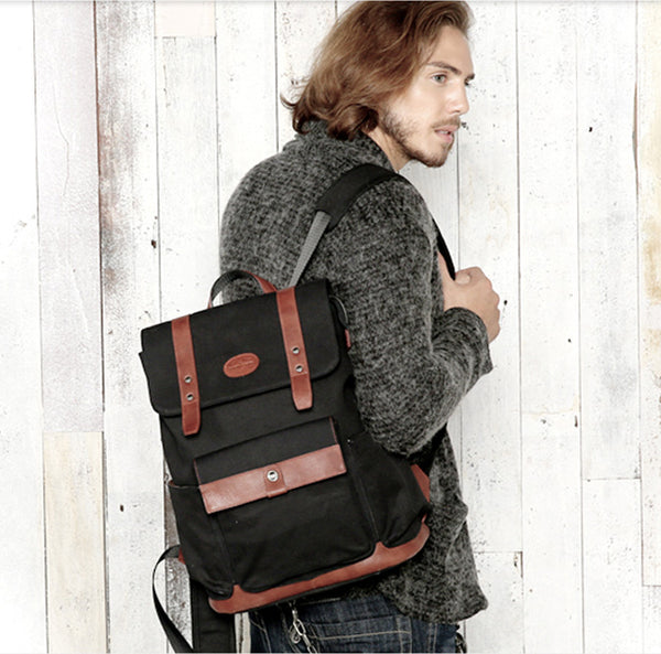 Black Fashion Canvas Leather Mens Laptop Backpack College Backpack Travel Backpack for Men - iwalletsmen