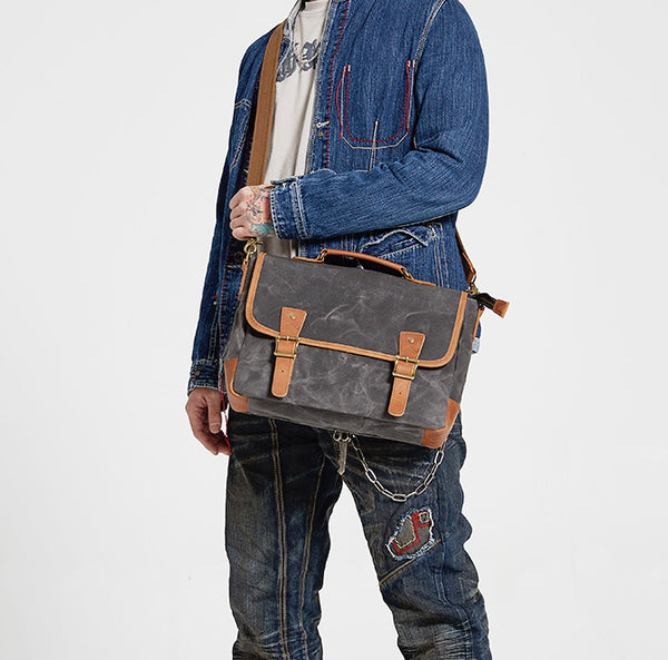 Dark Gray Waxed Canvas Leather Mens Briefcase Side Bag Messenger Bags Casual Courier Bag for Men - iwalletsmen