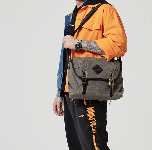 Casual Waxed Canvas Leather Mens Navy Blue Side Bag Messenger Bags Waxed Canvas Courier Bag for Men - iwalletsmen