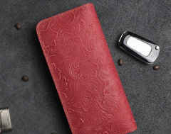 Handmade Leather Floral Mens Cool Travel Long Wallet Card Holder Card Slim Clutch Wallets for Men