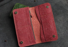 Handmade Leather Floral Mens Cool Travel Long Wallet Card Holder Card Slim Clutch Wallets for Men