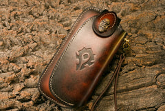 Handmade Leather Mens Cool Long World of Warcraft Leather Chain Wallet Cards Biker Trucker Wallet