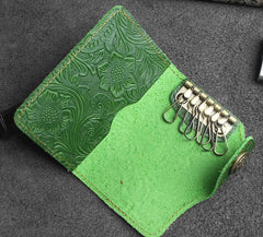 Handmade Leather Floral Mens Cool Key Wallet Wallet Card Holder Small Card Keychain Wallets for Men