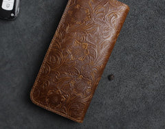 Handmade Leather Floral Mens Cool Travel Long Wallet Card Holder Card Slim Clutch Wallets for Men