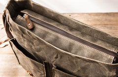 Zipper closure of waxed canvas messenger bag
