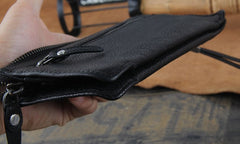 Genuine Leather Mens Clutch Cool Slim Wallet Long Zipper Clutch Wristlet Wallet for Men