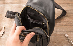Leather Mens Black Sling Bag Sling Shoulder Bag Sling Backpack for men - iwalletsmen
