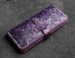 Handmade Leather Floral Mens Cool Travel Long Wallet Card Holder Card Slim Clutch Wallets for Men