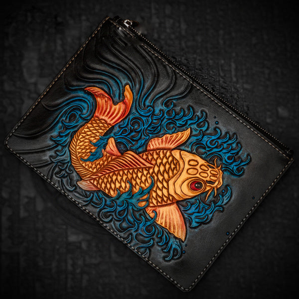Handmade Leather Carp Tooled Wristlet Bag iPad Bag Mens Cool Leather Wallet Long Clutch for Men