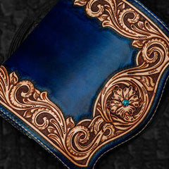 Handmade Leather Men Tooled Blue Floral Cool Leather Wallet Long Phone Clutch Wallets for Men
