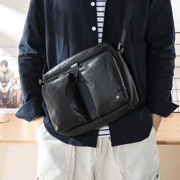Black Cool Leather Mens 13 inches Side Bag Messenger Bags Black Courier Bags Postman Bag for Men - iwalletsmen