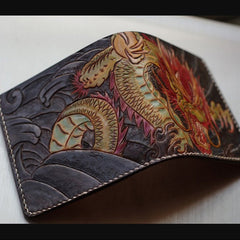 Handmade Leather Chinese Dragon Tooled Mens billfold Wallet Cool Slim Wallet Biker Wallet for Men