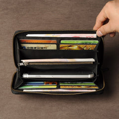 Genuine Leather Mens Cool Long Leather Wallet Cards Phone Zipper Clutch Wristlet Wallet for Men