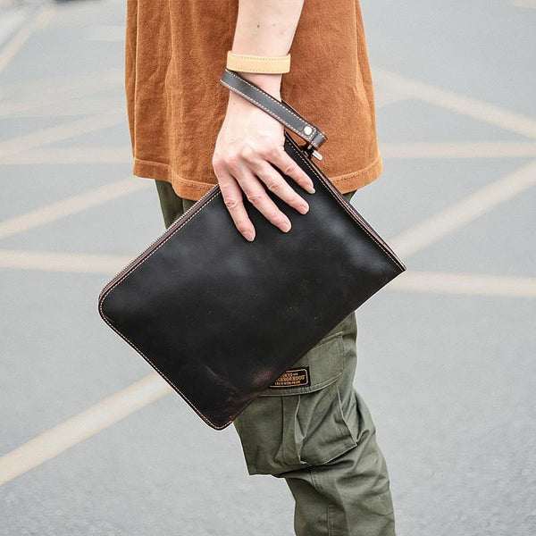Vintage Business Leather Mens Brown Envelope Bag Document Purse Dark Brown Clutch For Men - iwalletsmen