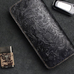 Handmade Leather Floral Mens Cool Travel Long Wallet Card Holder Card Slim Clutch Wallets for Men