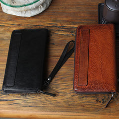 Genuine Leather Mens Cool Long Leather Wallet Biker Wallet Zipper Clutch Wristlet Wallet for Men