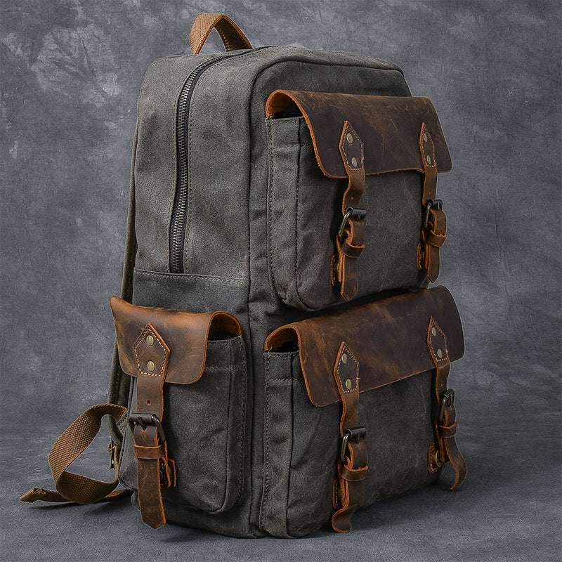 Waxed Canvas Leather Mens 15" Laptop Backpack Army Green Travel Backpack College Backpack for Men - iwalletsmen