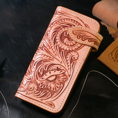 Handmade Mens Cool Tooled Floral Leather Chain Wallet Biker Trucker Wallet with Chain - iwalletsmen