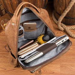 Casual Brown Leather Mens 14 inches Travel School Backpacks Computer Backpack for Men - iwalletsmen