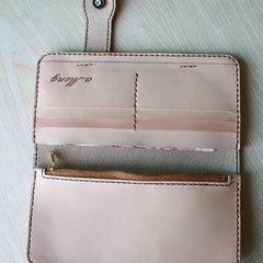 Handmade Mens Tooled Floral Beige Leather Long Biker Wallet Cool Long Chain Wallet for Men - iwalletsmen