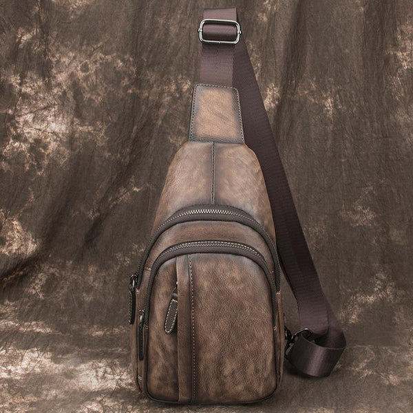 Brown Cool LEATHER MENS Sling Bag 8 inches Small Gray One Shoulder Backpack Chest Bag For Men - iwalletsmen