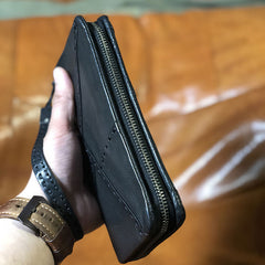 Handmade Genuine Leather Mens Cool Long Leather Wallet Biker Wallet Zipper Clutch Wristlet Wallet for Men