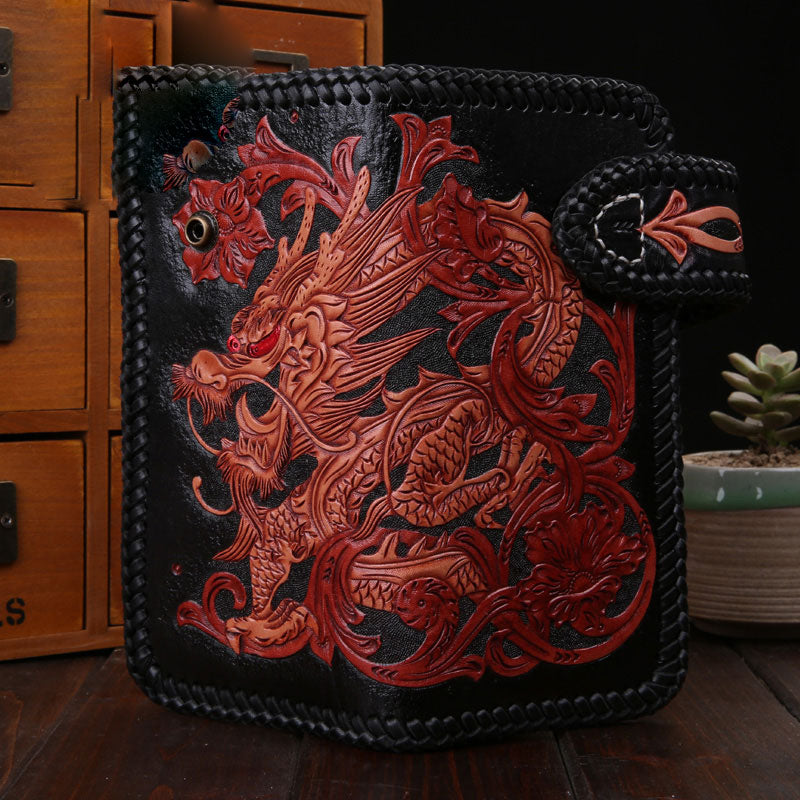 Handmade Mens Cool Tooled Chinese Dragon Leather Chain Wallet Biker Trucker Wallet with Chain