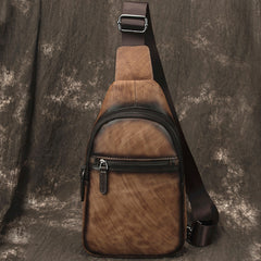 Brown Cool LEATHER MENS Sling Bag Chest Bag Khaki One Shoulder Bag For Men - iwalletsmen