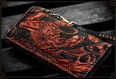 Handmade Leather Tooled Black and White Mens Chain Biker Wallet Cool Leather Wallet Long Phone Wallets for Men