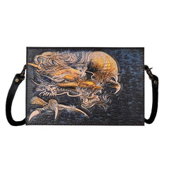 Handmade Black Tooled Chinese Dragon Leather Clutch Wristlet Bag Messenger Bags Side Bag For Men - iwalletsmen