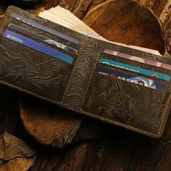 Handmade Leather Floral Mens Cool Slim Leather Wallet Men billfold Wallets Bifold for Men