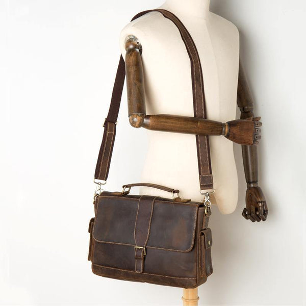 Cool Dark Brown Leather Mens 14 inches Briefcase Laptop Bags Business Side Bag Work Bag for Men - iwalletsmen