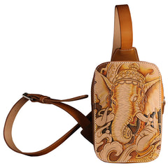 Handmade Beige Ganesha Tooled Leather Sling Bag Chest Bag One Shoulder Backpack For Men - iwalletsmen
