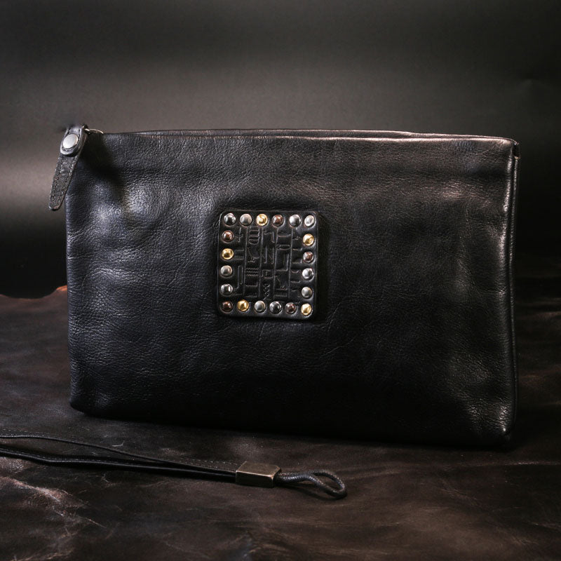Handmade Leather Mens Clutch Cool Slim Wallet Zipper Clutch Wristlet Wallet for Men
