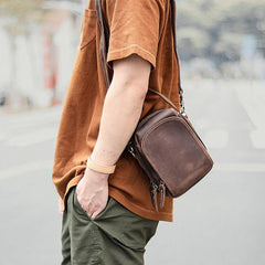 Dark Brown Leather Mens Casual Mini Courier Bag Messenger Bags Belt Bag Belt Pouch For Men - iwalletsmen