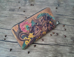 Handmade Leather Chinese Lion Tooled Mens Long Wallet Cool Leather Wallet Clutch Wallet for Men
