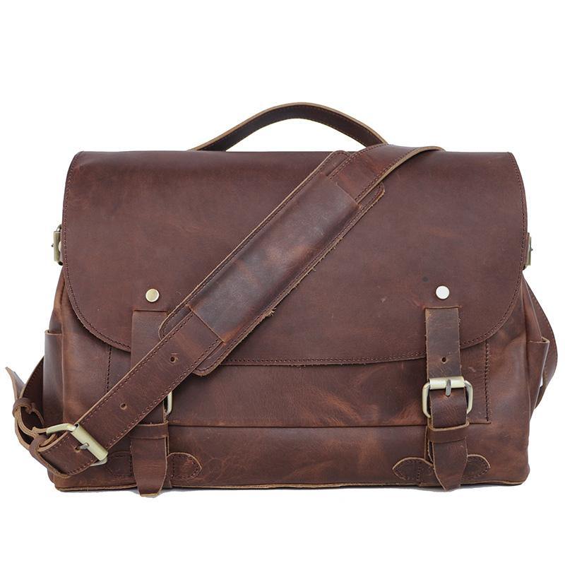 Vintage Dark Brown Leather Mens 14 inches Briefcase Black Work Briefcase Handbag For Men - iwalletsmen