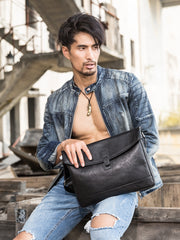 Black Casual Leather Mens 10 inches Side Bag Postman Bag Black Messenger Bags Courier Bag for Men - iwalletsmen