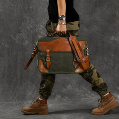 Canvas Leather Mens 14‘’ Army Green Briefcase Side Bag Retro Messenger Bag Shoulder Bag For Men - iwalletsmen