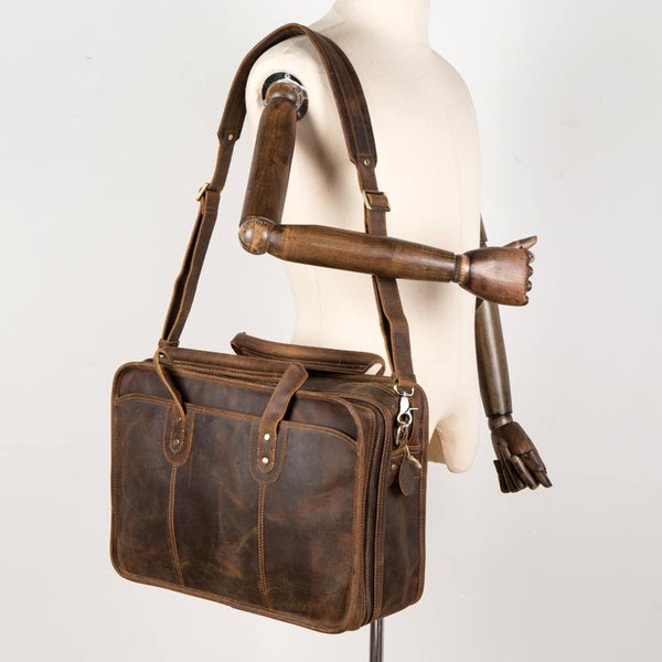 Cool Dark Brown Mens Leather 15 inches Large Briefcase Work Bag Side Bag Travel Handbag for Men - iwalletsmen