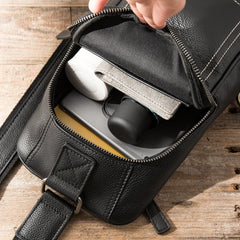 Black Leather Mens Large Sling Bag Chest Bag Sling Pack Black One Shoulder Backpack for Men - iwalletsmen