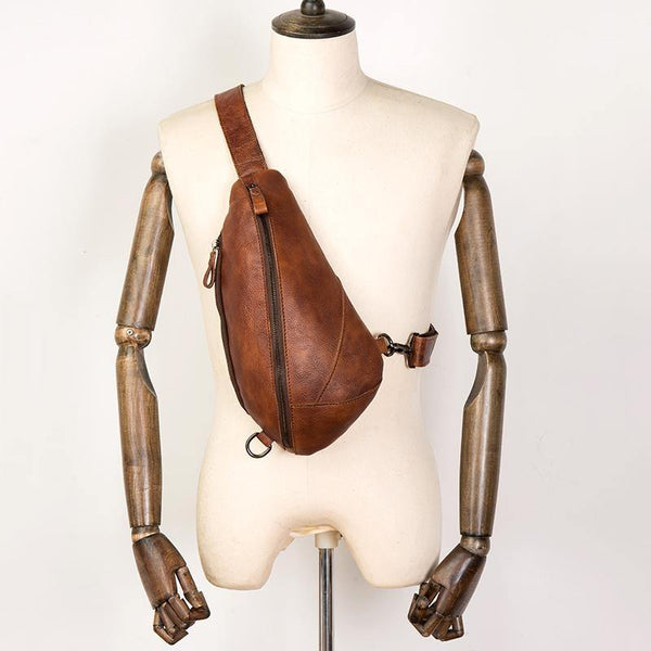 Brown Casual Leather Mens Sling Bag Chest Bags Brown SLing Pack One Shoulder Backpack for Men - iwalletsmen