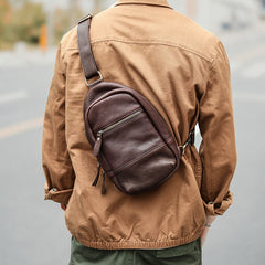 Vintage Dark Brown Leather Mens Chest Bag Red Brown Sling Bag Sling Pack For Men - iwalletsmen