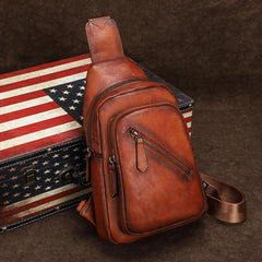 Vintage Brown Leather Men's Sling Bags Chest Bag Brown Sling Pack Sling Backpack For Men - iwalletsmen