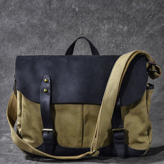 Canvas Leather Mens Army Green Postman Side Bag 14'' Black Messenger Bag Large Shoulder Bag For Men - iwalletsmen