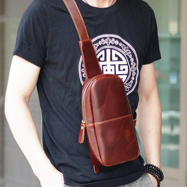 Brown Cool Leather Mens Sling Bag Chest Bag Brown Sling Pack For Men - iwalletsmen