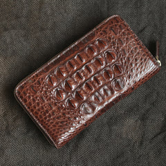 Brown Crocodile Leather Mens Black Zipper Bifold Long Wallet Black Clutch Wallet For Men - iwalletsmen