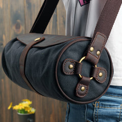Gray Canvas Leather Mens Green Barrel Postman Bag Bucket Messenger Bag Side Bag For Men - iwalletsmen