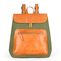 Canvas Leather Mens Women Student Backpack Army Green Travel Backpack Caramel College Backpack for Men - iwalletsmen